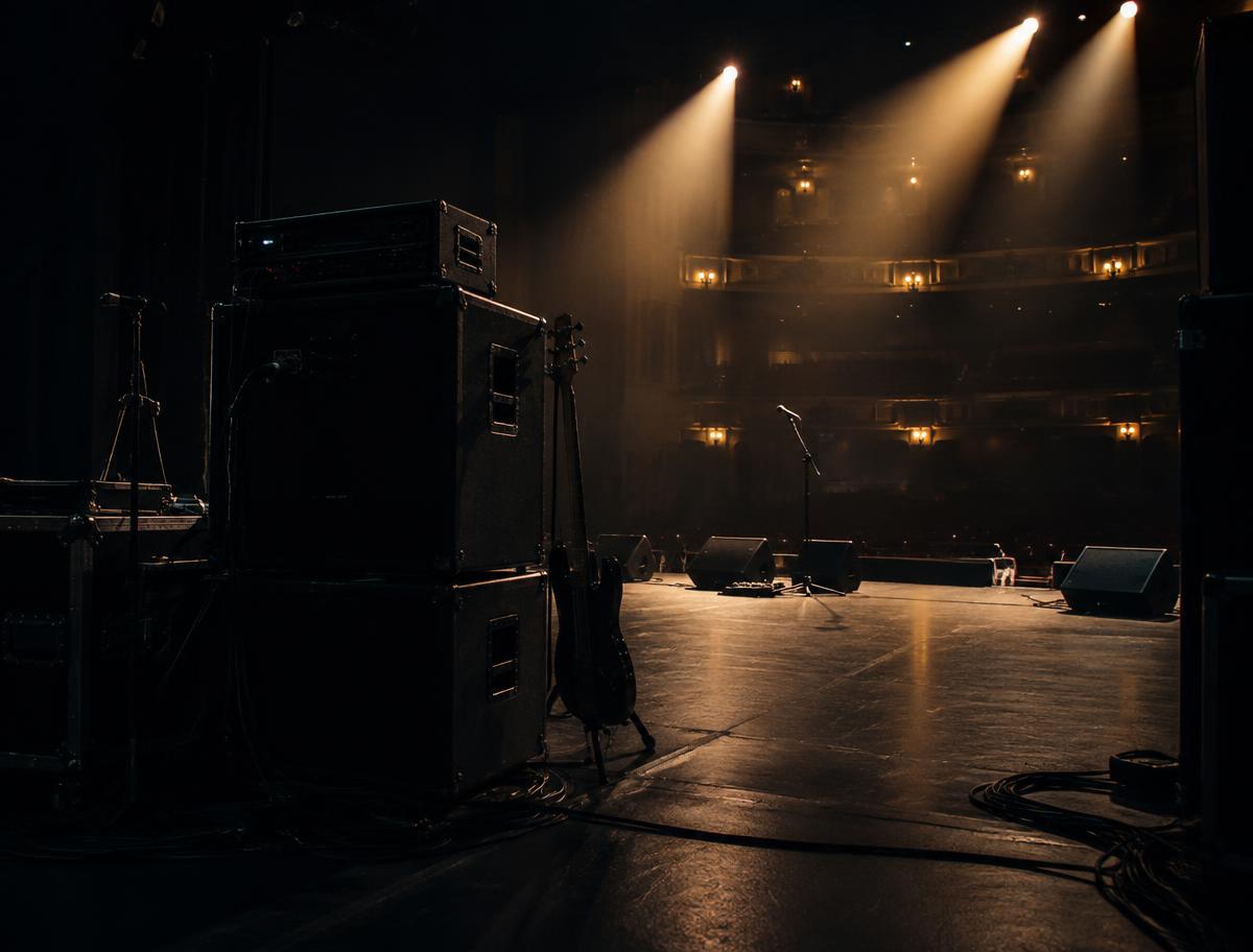 Empty theatre stage lit with warm spotlights, bass rig and guitar waiting at the side