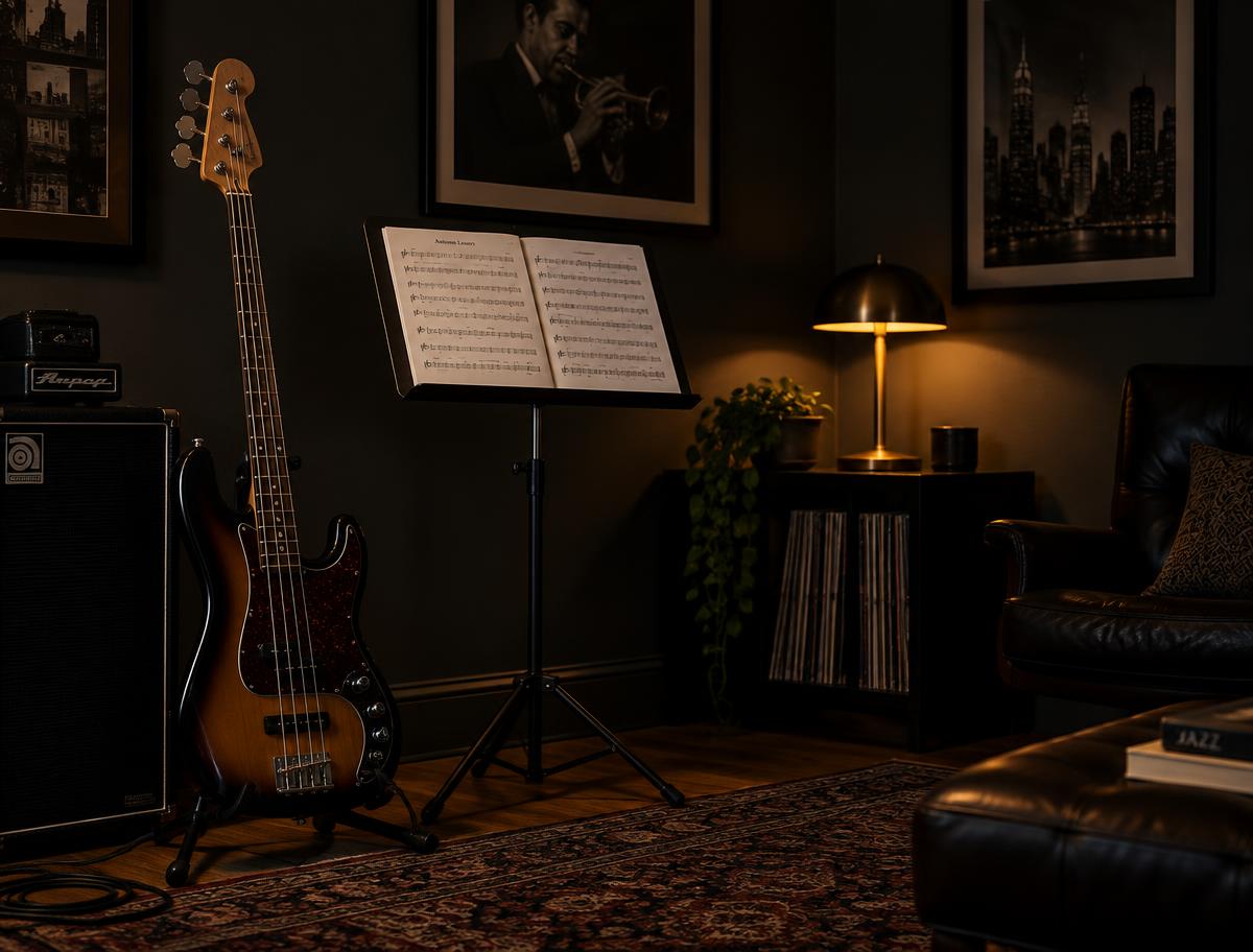 Bass guitar on a stand beside a music stand with sheet music in a warmly lit teaching room