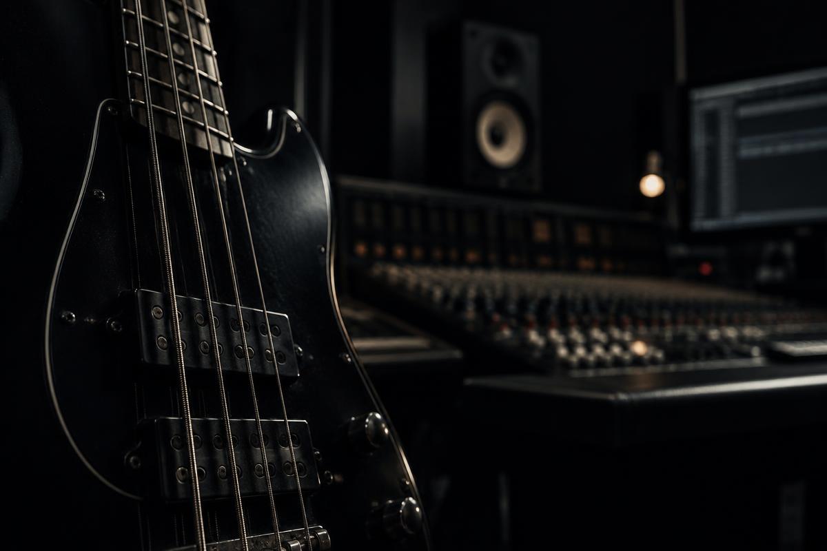 Electric bass guitar in a recording studio in front of a mixing desk